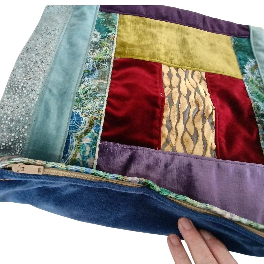 Boho Patchwork Velvet Throw‎ Pillow Cover 17x17 Jewel Tone Eclectic Decor Teal
